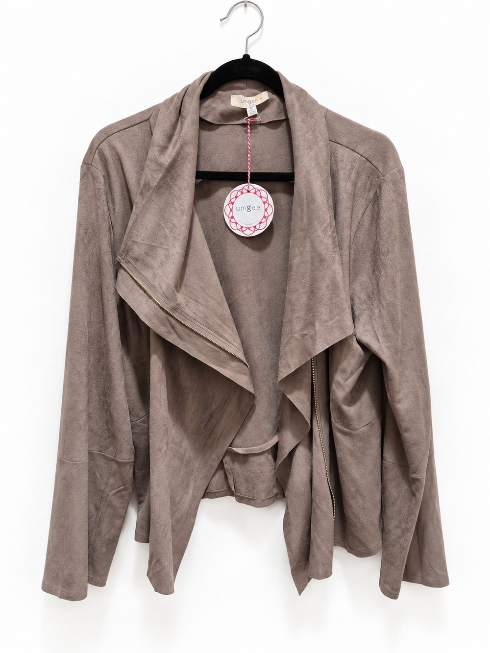 Umgee Faux Suede Moto Jacket Draped Front Taupe XL NWT